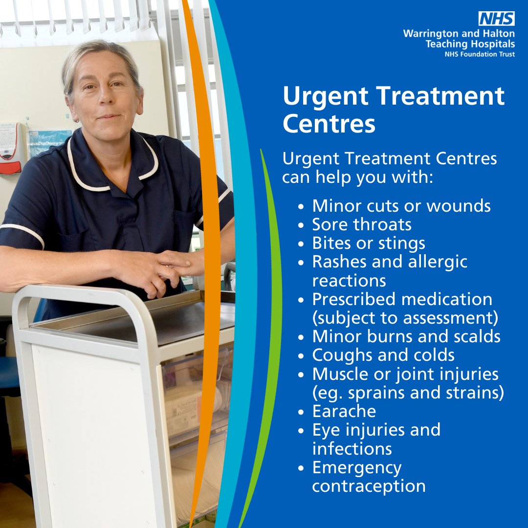 At Urgent Treatment Centres and Walk-In Centres you can be seen for a wide range of injuries and ailments that require urgent treatment but aren't life-threatening injuries. Please help to keep A&E free for emergencies.