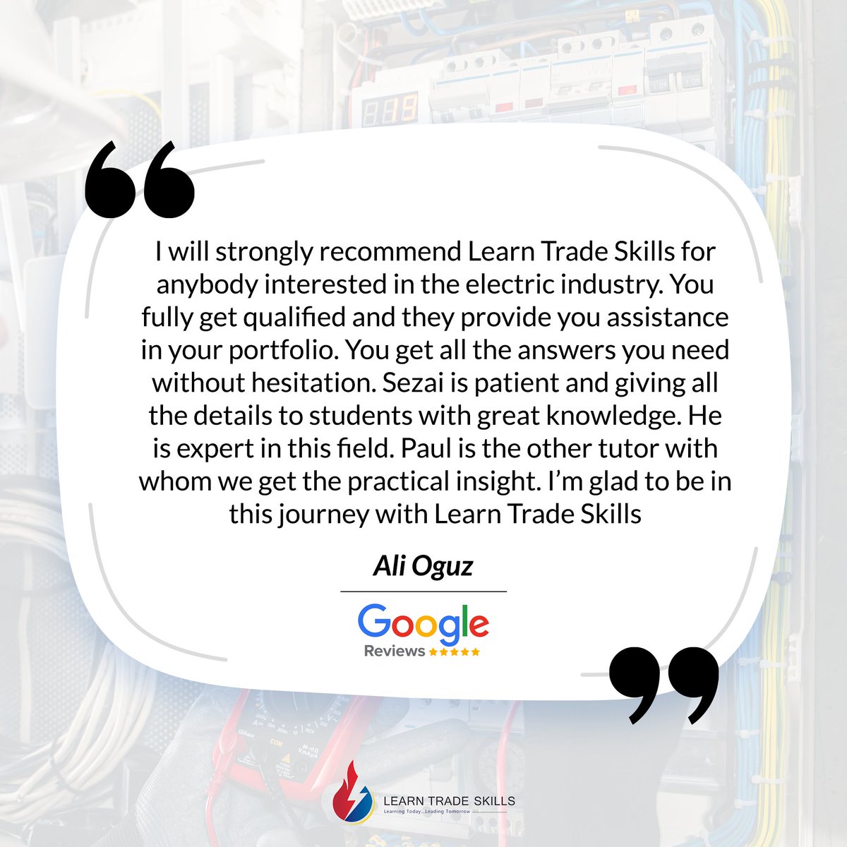 Our student's feedback is invaluable to us! Thank you, Ali Oguz, for sharing your experience at our Electrical Training Centre.

#electrician #testimonial #studentreview #trades #ukelectricians #electriciancourses #learningprograms