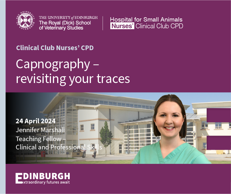 Calling all Vet Nurses! Don't miss our free #CPD event tomorrow (Weds 24 April) when Jennifer Marshall, a Clinical & Professional Skills Teaching Fellow in our Hospital for Small Animals, will present ‘Capnography - revisiting your traces.’ Register: bit.ly/3JgrcGV