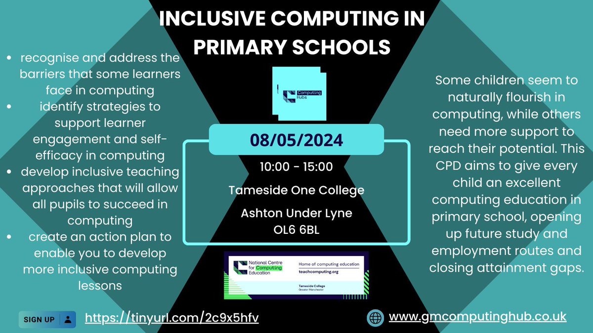 Inclusive Computing In Primary Schools 08/05/2024 @ 10.00 @tamesidecollege buff.ly/3PZ33sb