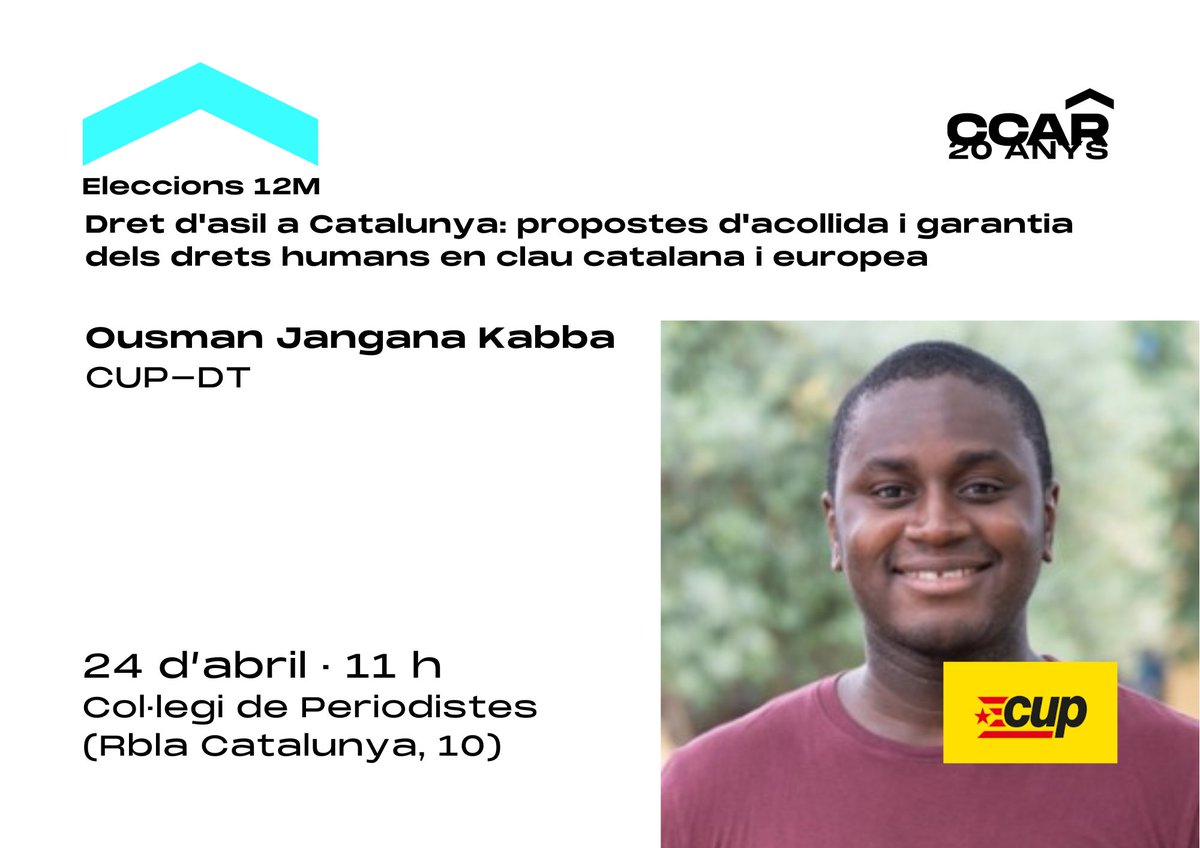 CCARefugi's tweet photo. @Andres_gberrio @SomComuns @Lafede_cat @agenciaacn @EPpolitica_cat @ARApolitica @parlamentcat @socialistes_cat @RocioGarPer @LaVanguardiaCAT @CoordiONGD @JuntsXCat @francescd @PPCatalunya @CarlosRemacha @Esquerra_ERC @trinitro I l'@OusmanJK serà el representant de @cupnacional al debat de demà sobre asil, refugi, acollida i drets humans. 

📍 A les 11h a @periodistes_cat. 

➡️ Inscripcions a https://t.co/SfNiRTwZSj https://t.co/yCxQqXUkqc