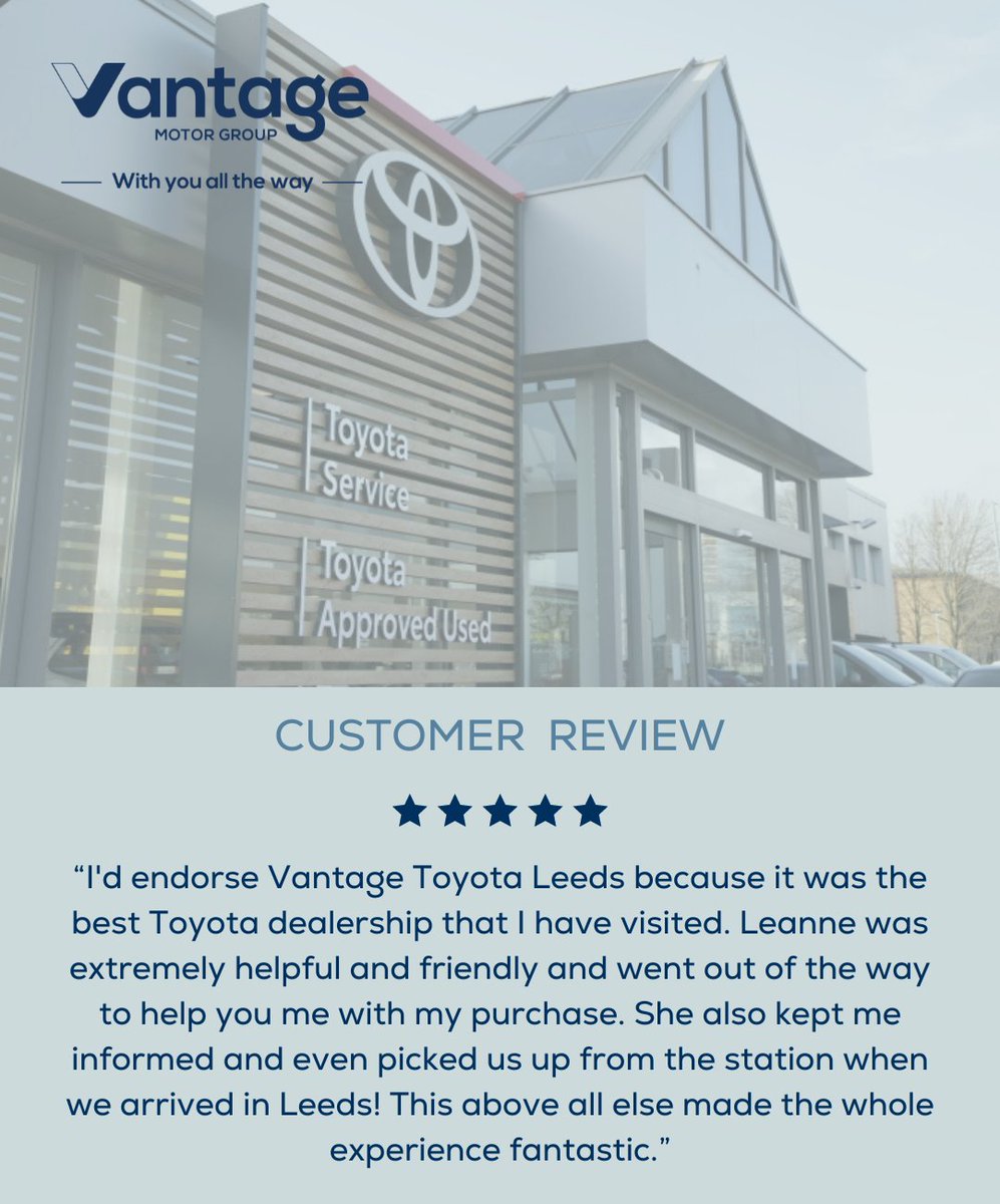 Well done to Leanne for being a shining example of going above and beyond for our customers 👏 keep up the excellent work at Toyota Leeds! #Toyota #CustomerReview #AppreciationPost