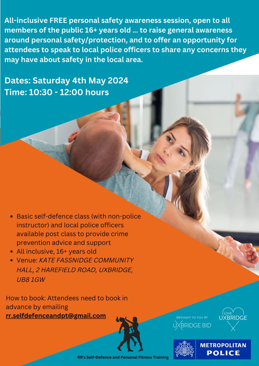 FREE all inclusive Personal Safety Awareness session @Fassnidge, 10:30 am - 12 pm on Saturday 4th May 2024.

<a href="/MPSUxbridgeTC/">Uxbridge Town Centre</a> will be available for attendees to discuss any concerns and to provide crime prevention advice and support.

#community, #safety, #confidence, #MyLocalMet.