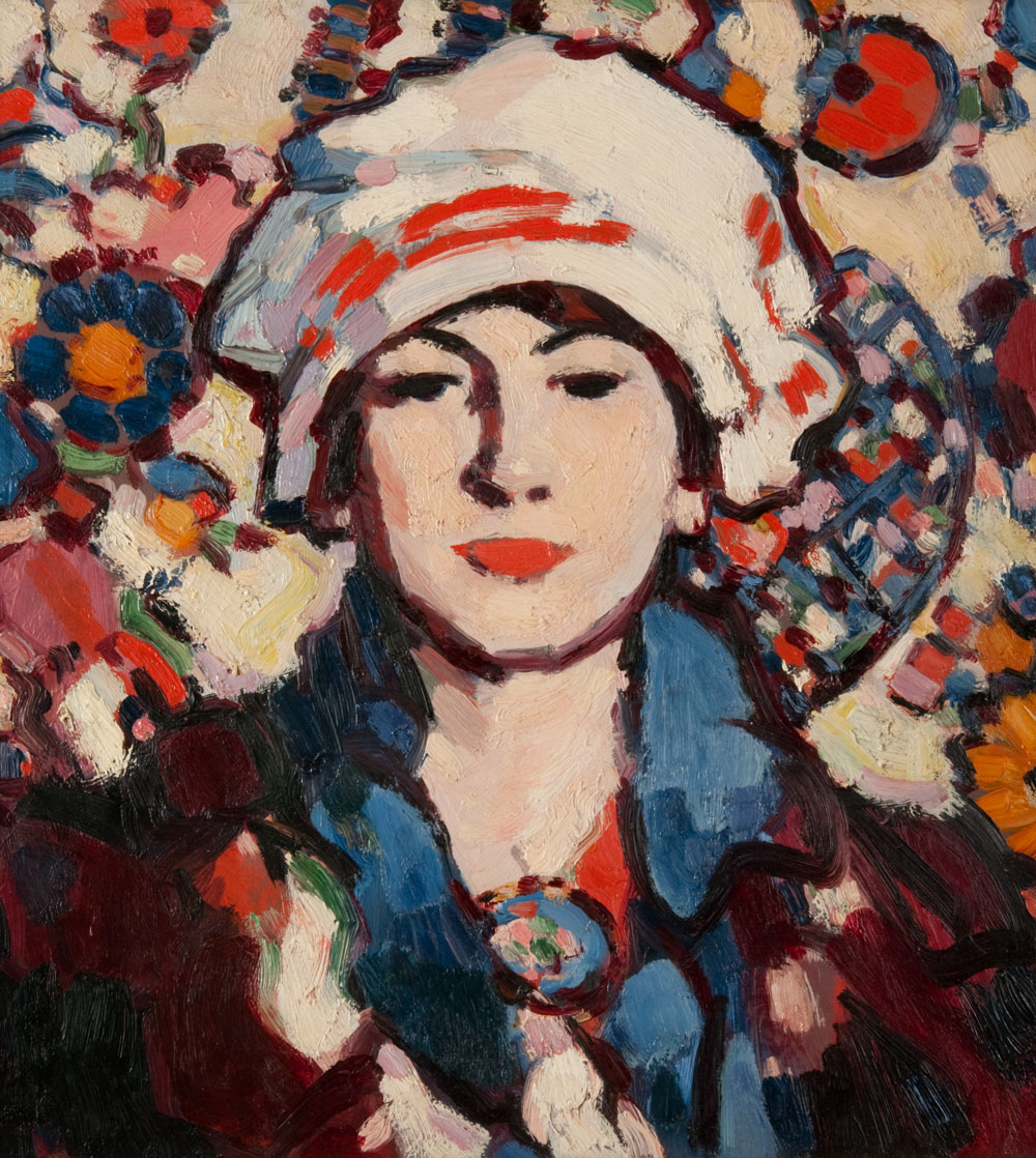 'Le Viole Persan' by John Duncan Fergusson, 1909. This striking portrait belongs to the series of decorative, boldly coloured female studies Fergusson painted between 1908 and 1910. See it in the #Hunterian Art Gallery @UofGlasgow. #HAGReframed #Changes