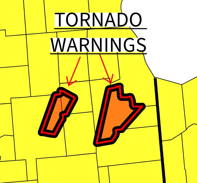 Tornado WATCH vs Tornado WARNING

A tornado WATCH means that conditions are favorable for tornadoes to form in a general area (1st pic)

A tornado WARNING means that a tornado has been spotted or detected by radar in a specific area (2nd pic)

#wxtwitter #severewx #tornado #USwx