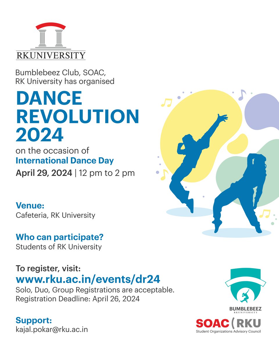 Don't miss out on this electrifying opportunity to showcase your moves and compete for the title of Dance Revolution Champion! To register, visit: rku.ac.in/events/dr24

#rku #internationaldanceday #dance #soac #rkuniversity #rajkot #India