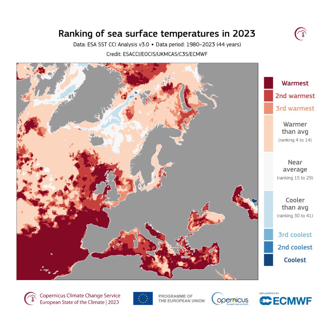 🌊📈The 2023 average sea surface temperature (SST) for the European ocean was the warmest on record, according to #ESOTC. Parts of the Mediterranean Sea & the northeastern Atlantic Ocean saw their warmest annual average SST on record. ▶️  climate.copernicus.eu/esotc/2023/eur…