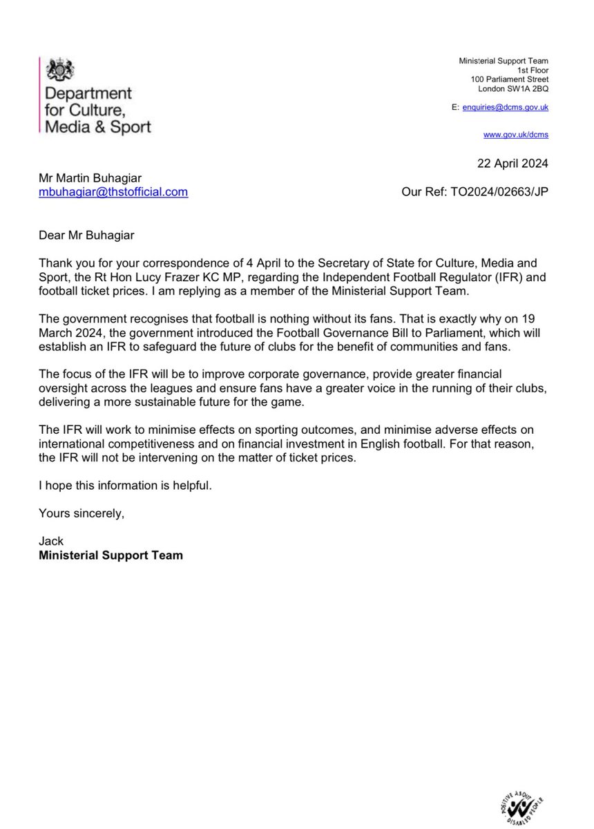 Ahead of the second reading of the football governance bill, below are responses to letters we sent to @cj_dinenage and @lucyfrazermp. We would welcome further engagement with the committee and thank both MPs for their responses.