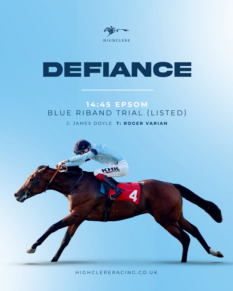 DEFIANCE returns to the track this afternoon at Epsom in the Listed Blue Riband Derby Trial at 2:45pm under jockey James Doyle for trainer Roger Varian. Best of luck to all his owners in The Claude Monet Syndicate  🤞🏻🏇 #HighclereRacing