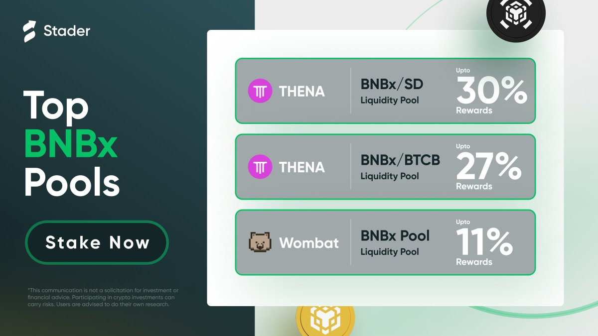 Minting $BNBx is now more rewarding than ever! 🌟 Join the top $BNBx pools by adding liquidity, And enjoy best in class DeFi rewards on: 🔸 @ThenaFi_ 🔸 @WombatExchange Get started by staking your $BNB on Stader now! 🔗 bit.ly/3W6FvW8