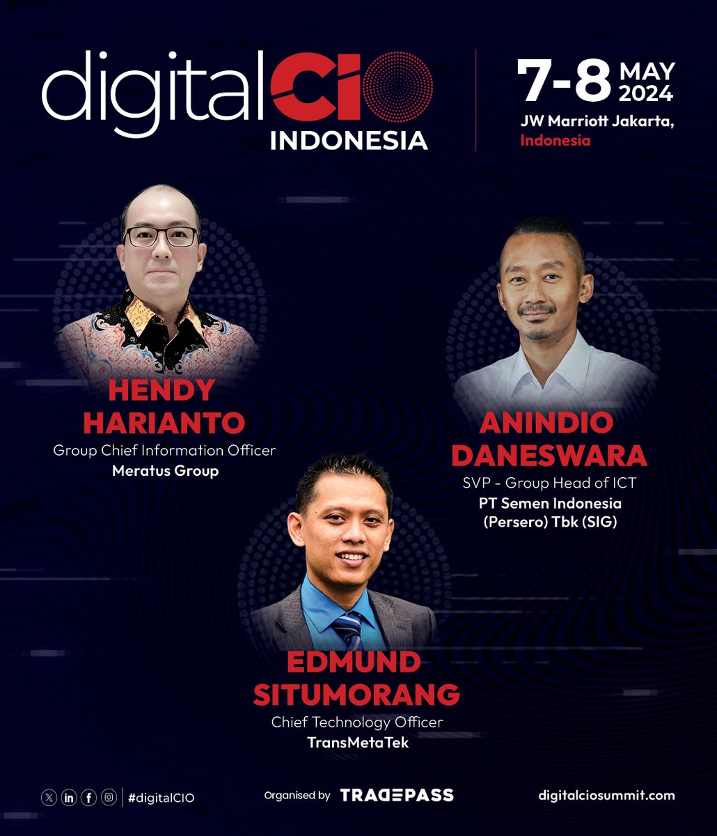 Check out these industry leaders who will be front and center at the upcoming digitalCIO 2024 - Indonesia happening on May 7-8 at JW Marriott Jakarta.

Secure your spot now:  hubs.la/Q02tKcvS0

#digitalCIO #Indonesia #Jakarta #CIO #ITleaders