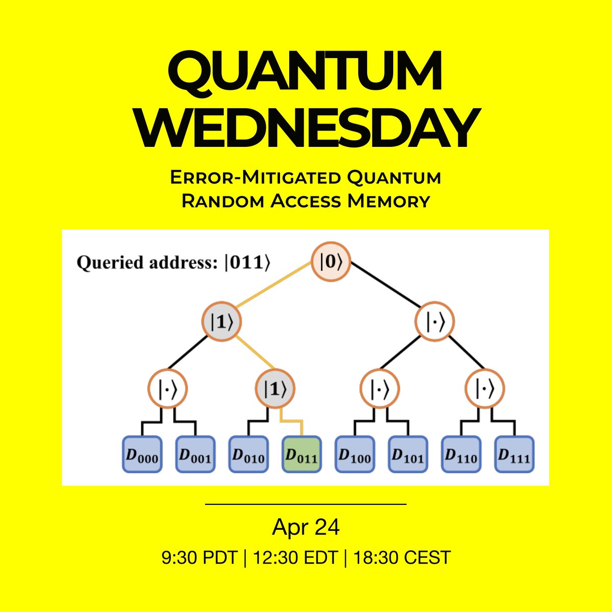 ⚛️ Come join the Unitary Fund for Quantum Wednesday on April 24 at 9:30 am PDT! This week we hear from Misty Wahl about Error-Mitigated Quantum Random Access Memory. 📄 Paper: buff.ly/4aV1Wla 🔗 Discord: buff.ly/3R0YsHf