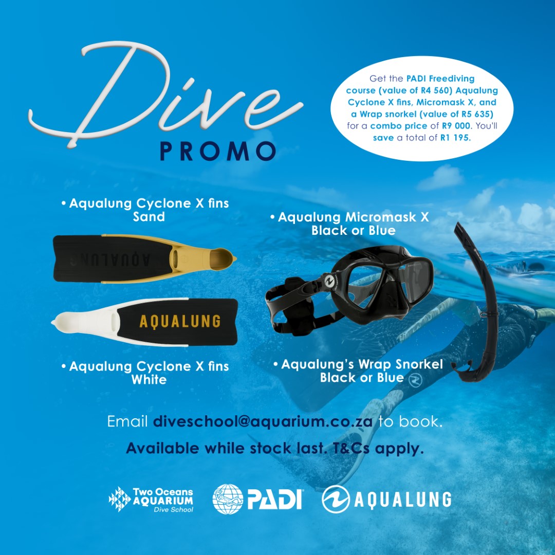 🤿For a limited time, complete your @PADI Freediver Course at the Two Oceans Aquarium Dive school and get an @AquaLungDivers diving mask, snorkel and fin set for the combo price of R9000 (a saving of R1195). Email diveschool@aquarium.co.za today. #CapeTown