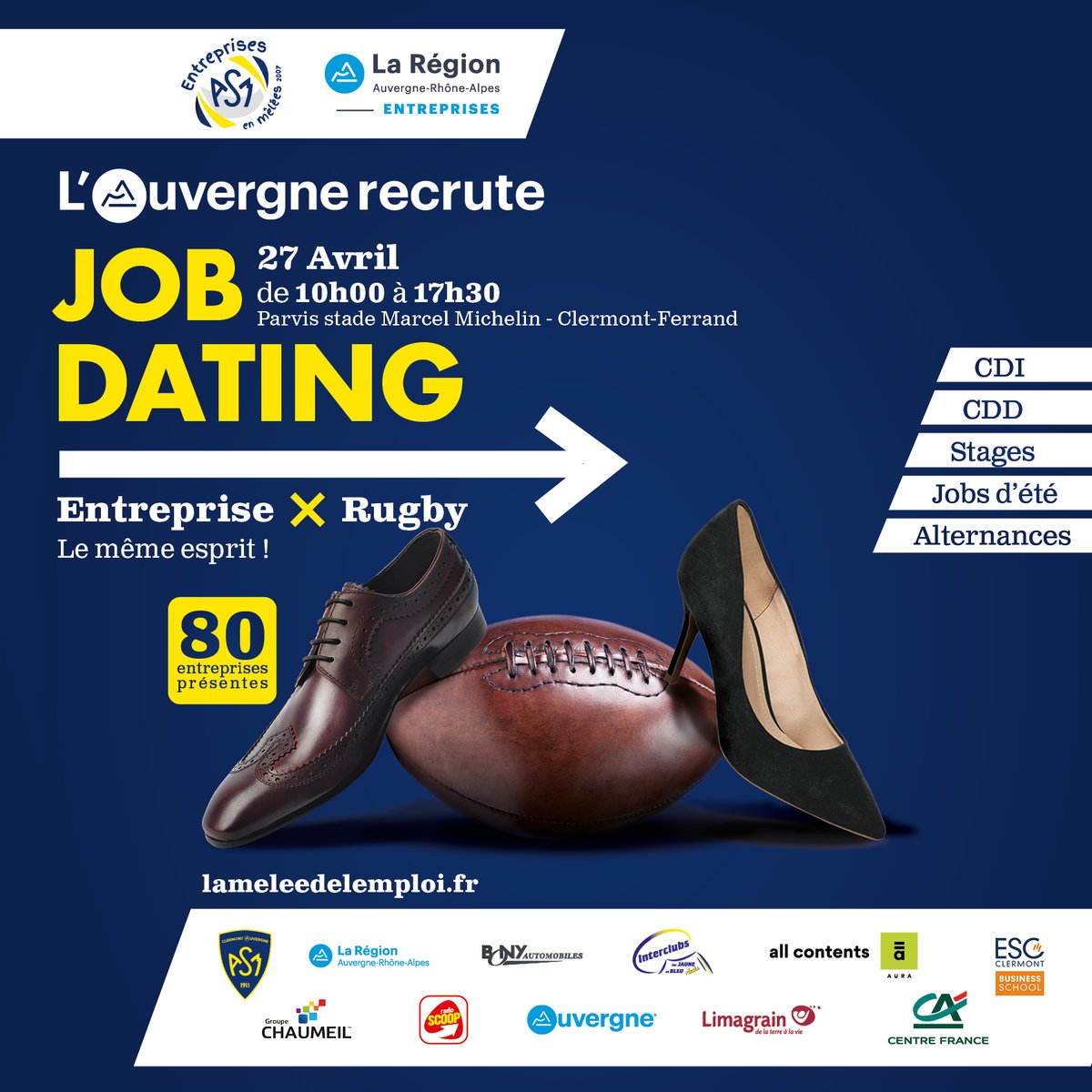 #JobDating 🏉 | Samedi 27 avril, Sylvie Goncalves &amp; Gaëlle Batifoy vous donnent RDV 10h à 17h30 sur le parvis du Stade Marcel Michelin pour la 3e édition de la Mëlée de l'Emploi ! #Reconversion, #alternance, #emploi, elles vous aideront à trouver votre voie.