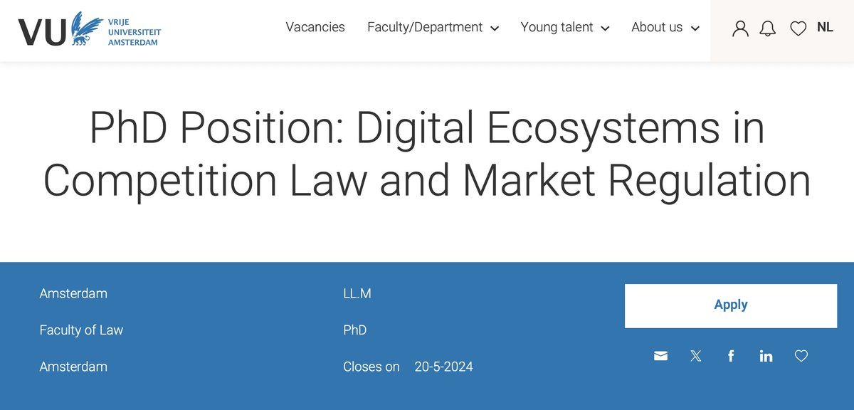 HIRING: I am looking for a PhD candidate (4 years, competitive salary and benefits) on the subject of “Digital Ecosystems in Competition Law and Market Regulation”. Deadline: 20 May 2024. Please share 🙏🏼 workingat.vu.nl/vacancies/phd-… <a href="/VUamsterdam/">Vrije Universiteit Amsterdam (inactief)</a>