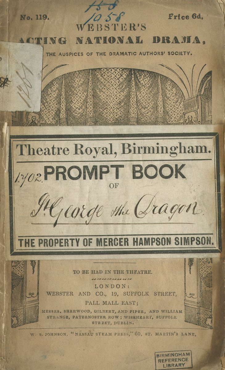 #stgeorgesday. Here’s the front cover of a prompt book for a performance of St. George and the Dragon at the Theatre Royal, Birmingham in 1845. Reference - MS 2899/1/1/2/Box 8 @LibraryofBham