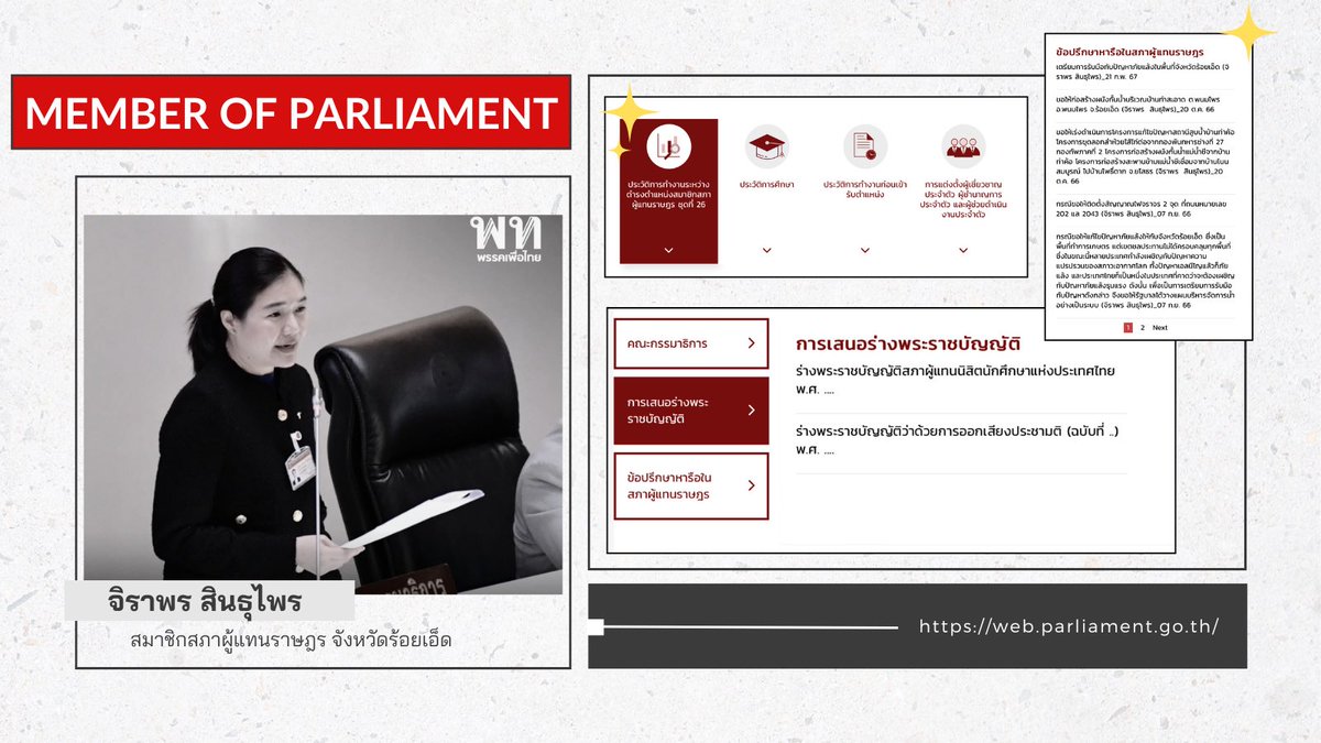 ล่าสุดเว็ปไซต์  web.parliament.go.th มีการอัปเดตการทำงานของสมาชิกสภาผู้แทนราษฎร ชุดที่ 26  ที่รวบรวมประวัติการทำงานระหว่างการดำรงตำแหน่ง  
• คณะกรรมาธิการ 
• การเสนอร่างพระราชบัญญัติ 
• ข้อปรึกษาหารือในสภาฯ  

มาดูความจอสระจึ้งของ สสน้ำ #จิราพร สินธุไพร @j_sindhuprai กันค่า