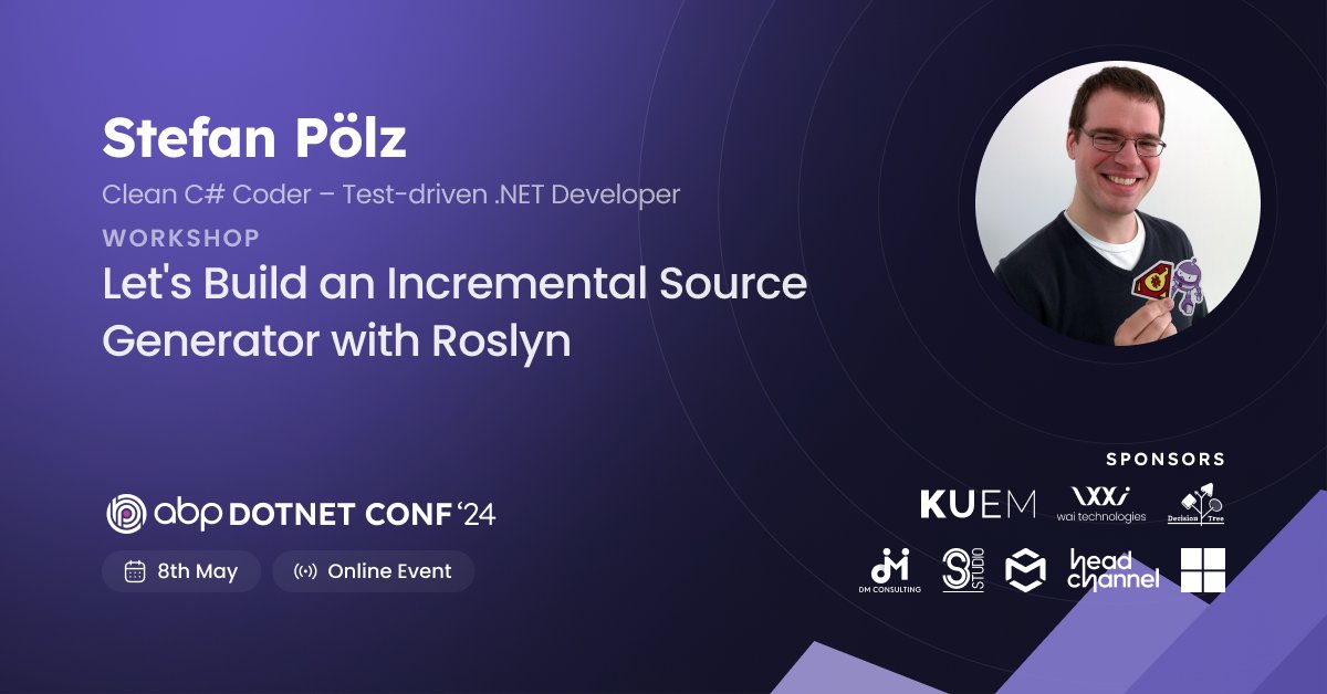 Join Stefan Pölz @0x_F0's #workshop 'Let's Build an incremental source generator with Roslyn' at #abpconf24 to learn how to craft your own incremental #source #generators with #Roslyn, boosting your code's efficiency and performance. #dotnet #csharp abp.io/conference/2024