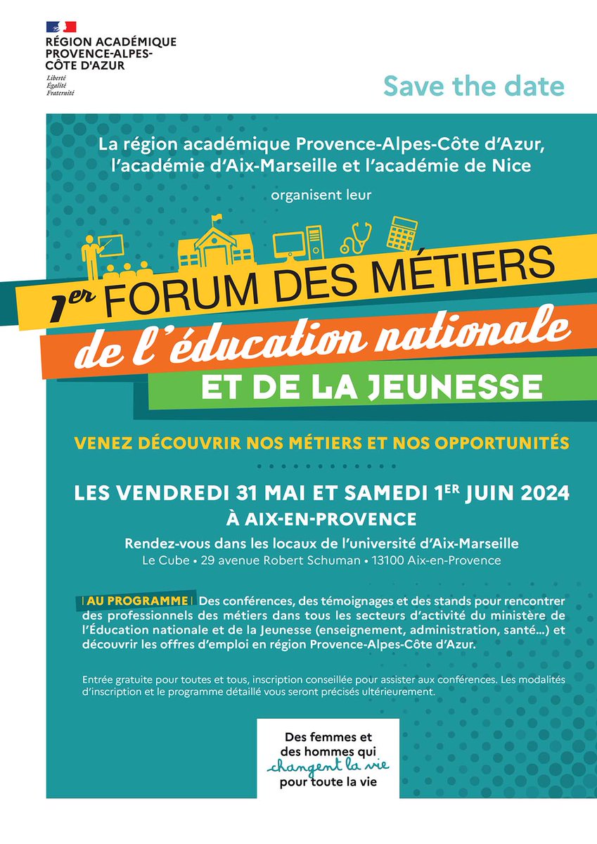 Acad. Aix-Marseille (@acaixmarseille) on Twitter photo 🗓️Save the date !
La <a href="/RegionAcPaca/">Région académique Provence-Alpes-Côte d'Azur</a>, l’<a href="/AcAixMarseille/">Acad. Aix-Marseille</a> et l’<a href="/AcademieNice/">Académie de Nice</a> organisent un forum des métiers les 31 mai et 1er juin 2024 dans les locaux d’Aix-Marseille Université à Aix-en-Provence : conférences, témoignages, stands...
Toutes les infos➡️ac-aix-marseille.fr/1er-forum-de-l… 🗓️Save the date !
La <a href="/RegionAcPaca/">Région académique Provence-Alpes-Côte d'Azur</a>, l’<a href="/AcAixMarseille/">Acad. Aix-Marseille</a> et l’<a href="/AcademieNice/">Académie de Nice</a> organisent un forum des métiers les 31 mai et 1er juin 2024 dans les locaux d’Aix-Marseille Université à Aix-en-Provence : conférences, témoignages, stands...
Toutes les infos➡️ac-aix-marseille.fr/1er-forum-de-l…