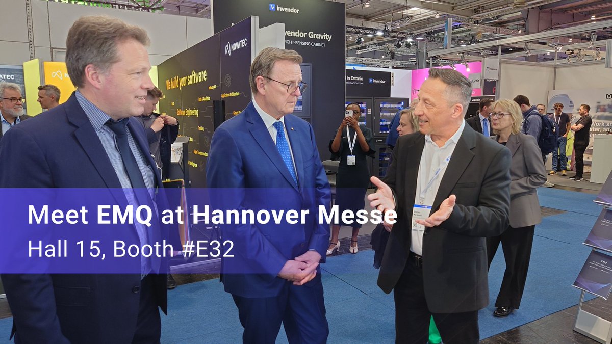👋 Hallo Hannover! @StefanoMarmonti is introducing EMQ‘s innovative #IIoT solutions to the Minister-President of Thuringia, Bodo Ramelow. Explore how @EMQTech drives manufacturing towards a greener future with pioneering #MQTT services at #HM24. 🏭