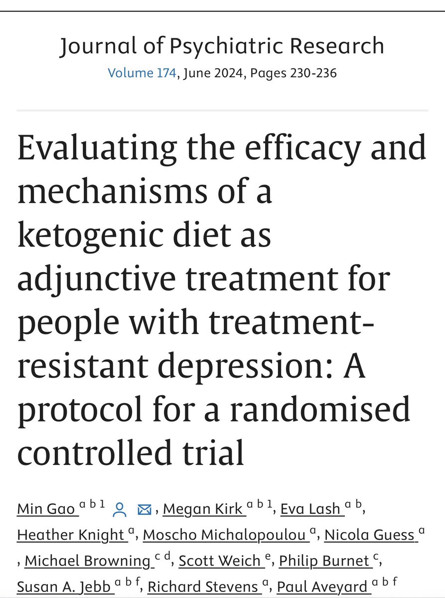 Excited to share our protocol paper evaluating the first RCT of a ketogenic diet for treatment resistant depression is now live! Amazing cross-department and team effort @UniofOxford @OxPsychiatry @OxPrimaryCare @Min26845743 @ElsevierConnect sciencedirect.com/science/articl…