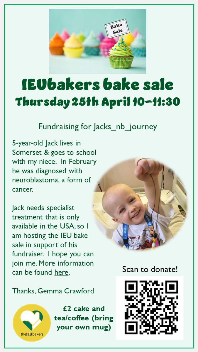 Our next bake sale is this Thursday in the Staff Room between 10 and 11:30, raising money to support specialist treatment for a local little boy.
