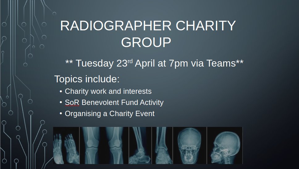 Our next Radiographer Charity Interest group is tonight on Teams at 7pm. Hope to see you there! If anyone is interested in attending please DM me for the link.
