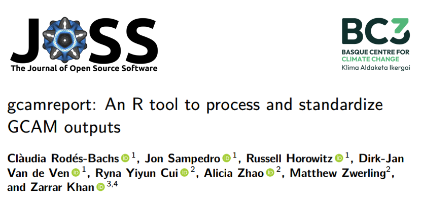 🚀Exciting news! 🎉 We're thrilled to announce the publication of 𝙜𝙘𝙖𝙢𝙧𝙚𝙥𝙤𝙧𝙩, an #R tool to process and standardize #GCAM outputs, in the Journal of Open Source Software (#JOSS)!!🌹 Check it out: joss.theoj.org/papers/10.2110… Here the key points of the tool and paper: [1/5]