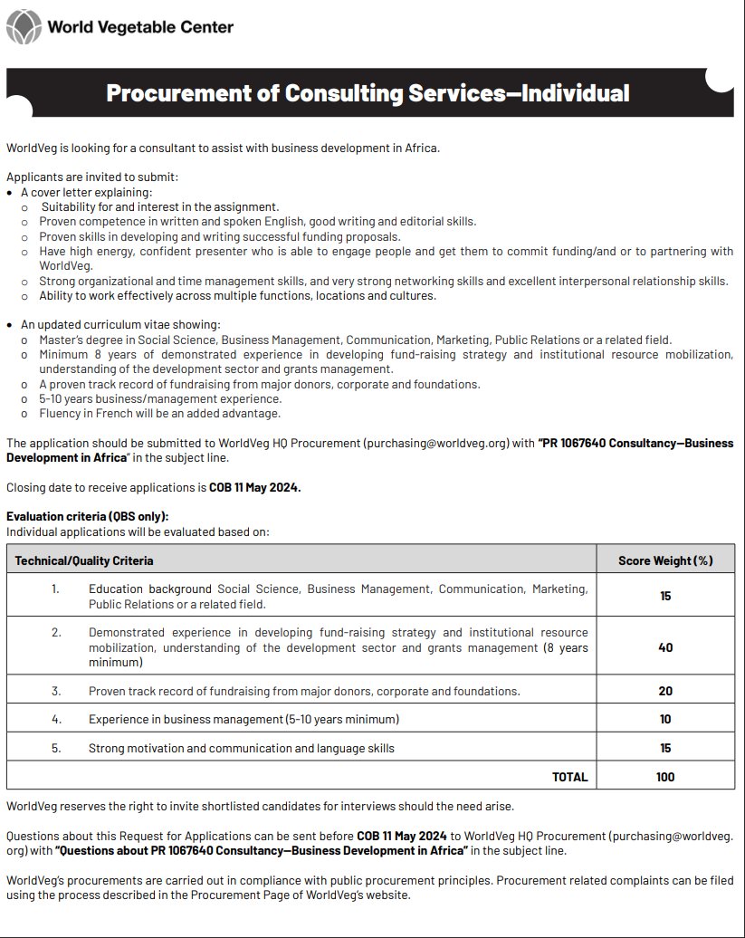 SP: @WorldVegCenter seeks a consultant for Business Development in Africa. Read the document below for application details. #consultant #Africa #businessdevelopment