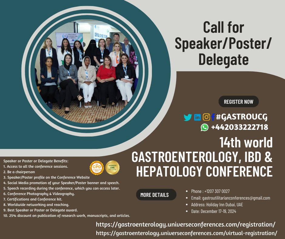 Call for Speaker/Delegate/Poster 14th World Gastroenterology, IBD & Hepatology Conference from Dec 17-19, 2024, in Dubai, UAE & Virtual. wa.me/442033222718?t… …troenterology.universeconferences.com/registration/ …troenterology.universeconferences.com/virtual-regist… #Hepatology #IBD #PancreaticHealth #Gastroenterology #Pancreas