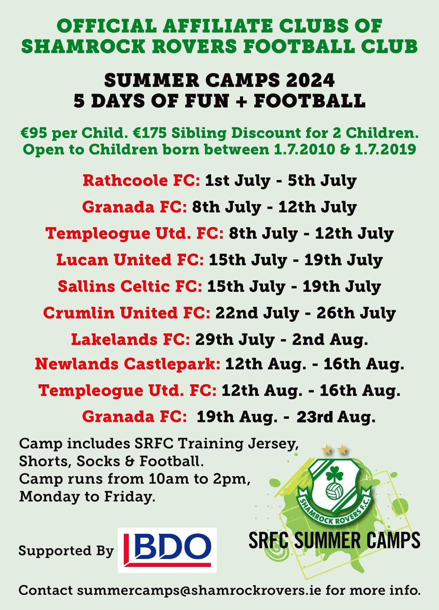 Shamrock Rovers Summer Camps are back! ☘️ 📝 Open to children born between 1 July 2010 and 1 July 2019 Official Camp Kit Pack includes: 👕 Training Jersey 🩳 Shorts 🧦 Socks ⚽️ Football 📆 Monday - Friday ⌚️ 10am - 2pm Register below 👇 shamrockrovers.ie/summer-camps/