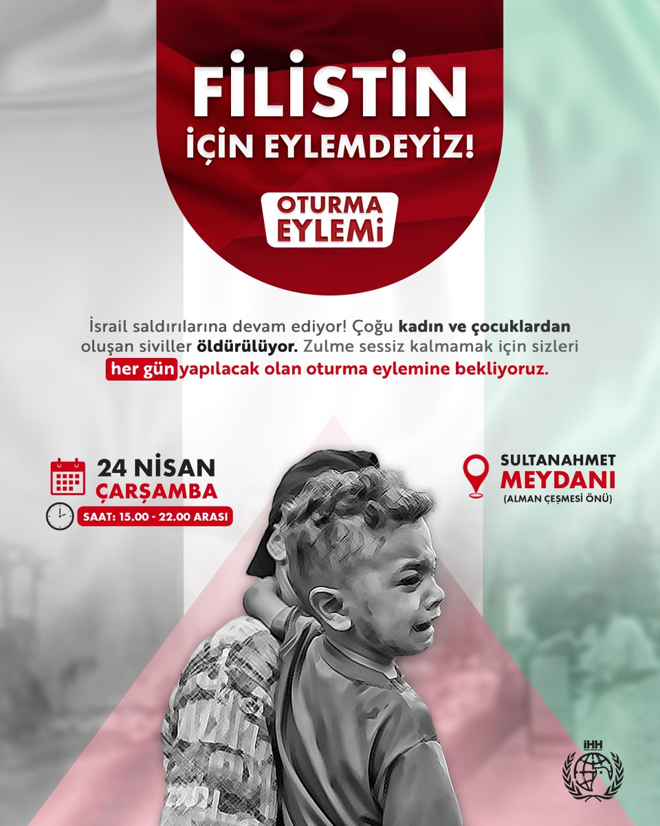 🇵🇸 Filistin için eylemdeyiz!

İsrail zulmüne sessiz kalmamak adına, sizleri her gün yapılacak olan oturma eylemine bekliyoruz.

🗓️ 24 Nisan Çarşamba 
🕒 15:00-22:00 arası
📍 Sultanahmet Meydanı