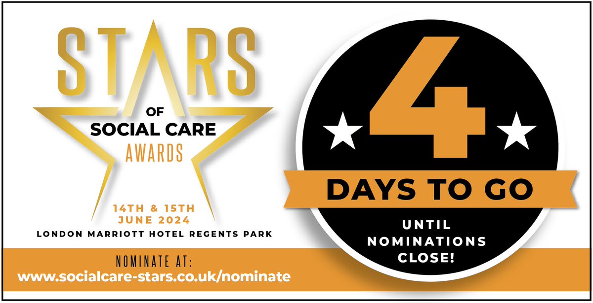 4 DAYS to go before nominations close for 🌟 JOSIE GIBSON’S 🌟 Stars of Social Care Awards! Don’t delay .. get your nominations in at at bit.ly/3iuvXCW A duo of 2 glittering events for the home care & care home sector place 14 & 15 June 2024 #SocialCare…