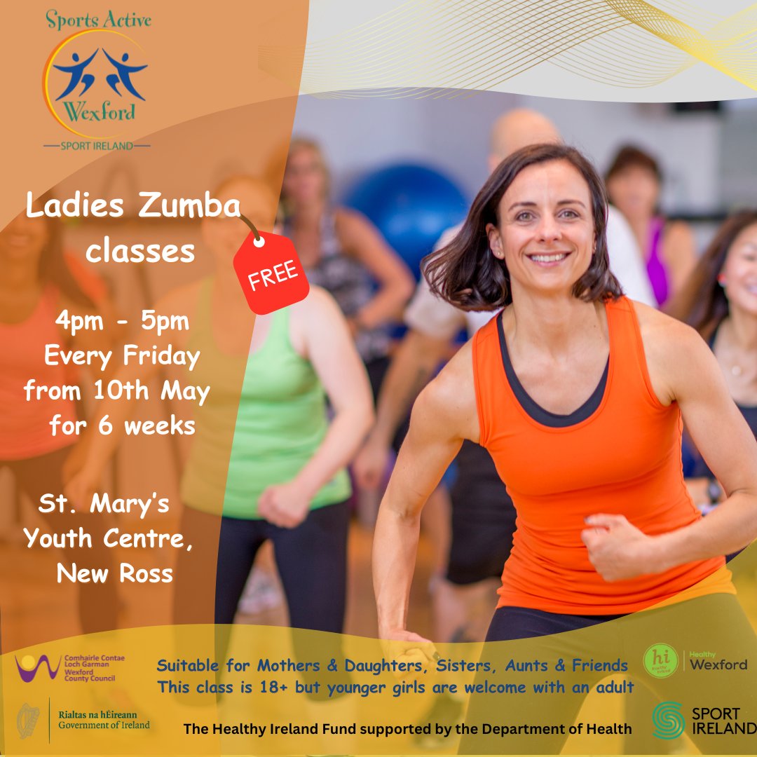 📢Extra spaces now available !! We have extended capacity for our 6 week ladies Zumba class coming up in New Ross! Commencing on 10th May from 4pm - 5pm every Friday at St. Mary's Youth Centre, New Ross. Email georgina.gaul@wexfordcoco.ie to book
