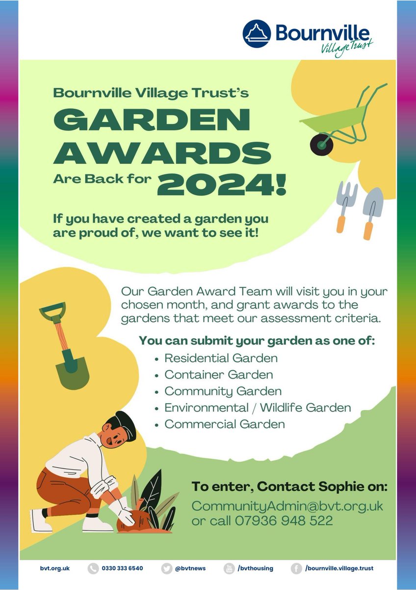 Are you or someone you know really proud of their garden? Entries are now open for our garden awards, recognising fantastic gardens of all shapes and sizes! Details of how to enter below 👇#gardens #greenspaces #Bournville #SellyOak #Northfield