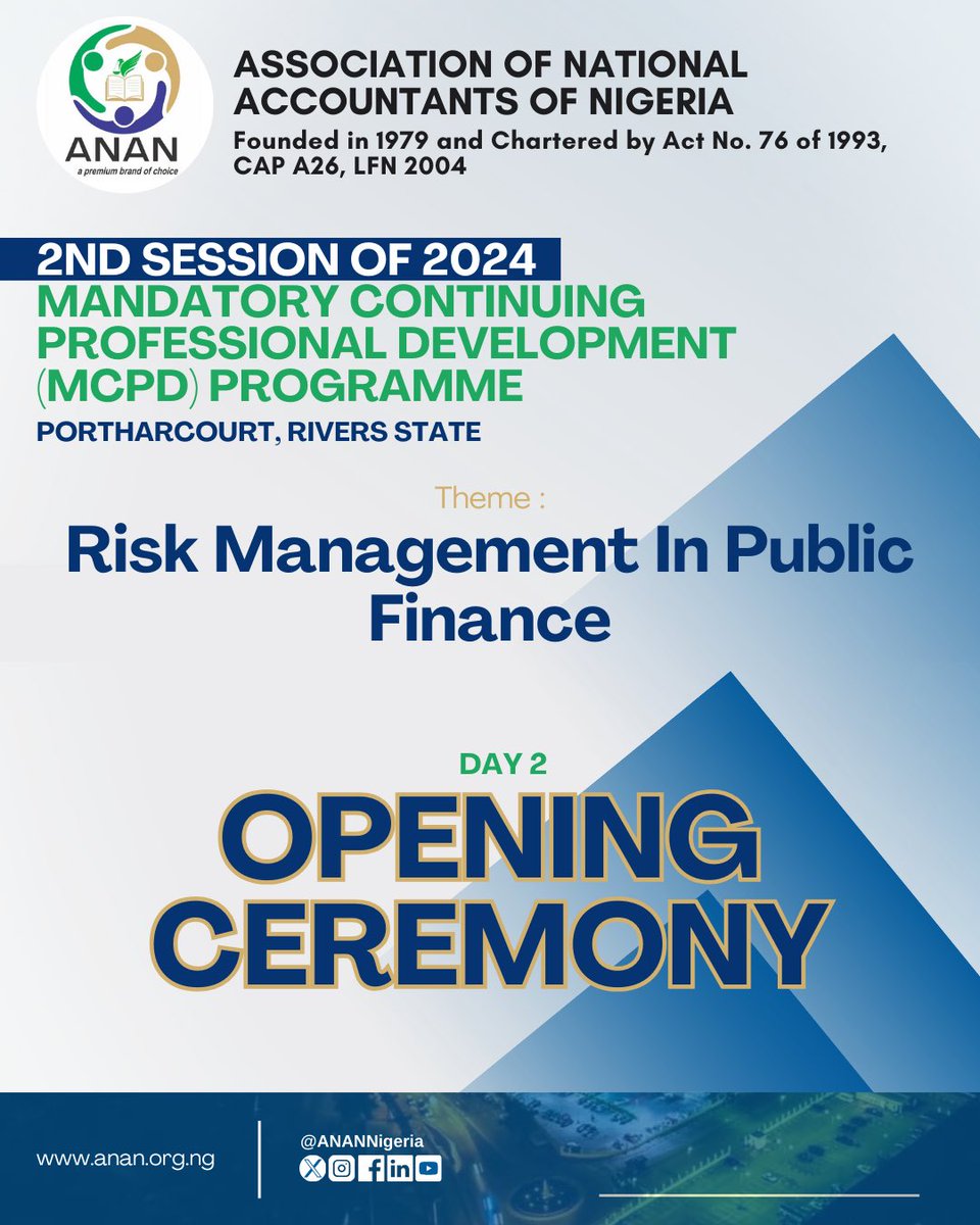 🚨PH MCPD🚨

Day 2 - Opening Ceremony

We welcome all the participants and prospective members of ANAN to the Opening Ceremony of the Second Session of 2024 Mandatory Continuing Professional Development (MCPD) Programme, Port-Harcourt, Rivers State. 

#anannigeria #phmcpd