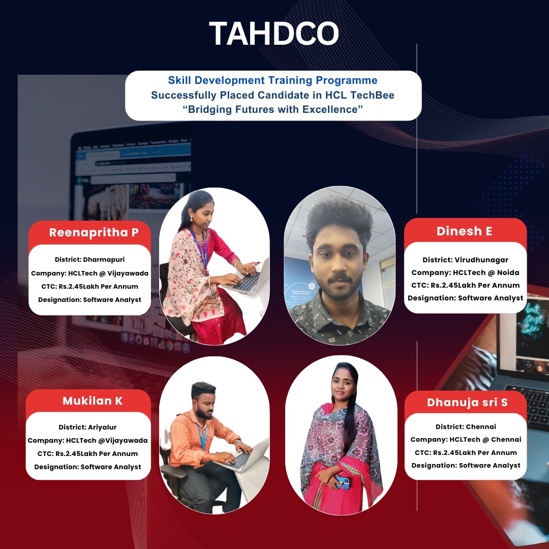 tahdco's tweet image. TAHDCO proudly announces the successful placement of candidates from our Skill Development Training Programme at HCL TechBee. &quot;Bridging Futures with Excellence.&quot; #tahdcotraining #careersuccess #hcltechbee #tahdco