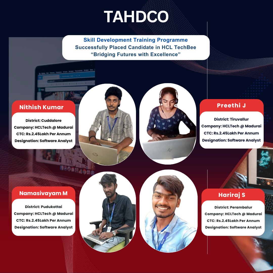 tahdco's tweet image. TAHDCO proudly announces the successful placement of candidates from our Skill Development Training Programme at HCL TechBee. &quot;Bridging Futures with Excellence.&quot; #tahdcotraining #careersuccess #hcltechbee #tahdco
