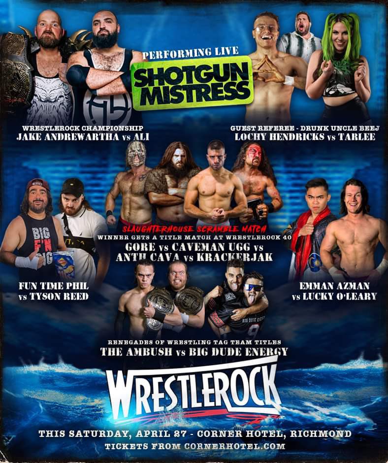 WRESTLEROCK's tweet photo. THIS SATURDAY NIGHT!

Don’t miss Australia’s wildest night of rock n wrestling entertainment, when WRESTLEROCK returns to the Corner Hotel in Richmond on Saturday April 27, with @ShotgunMistress performing live!

Tickets at the door or online here:
🎟️ https://t.co/xc3xGnakR7 https://t.co/5xQVyk1TMq