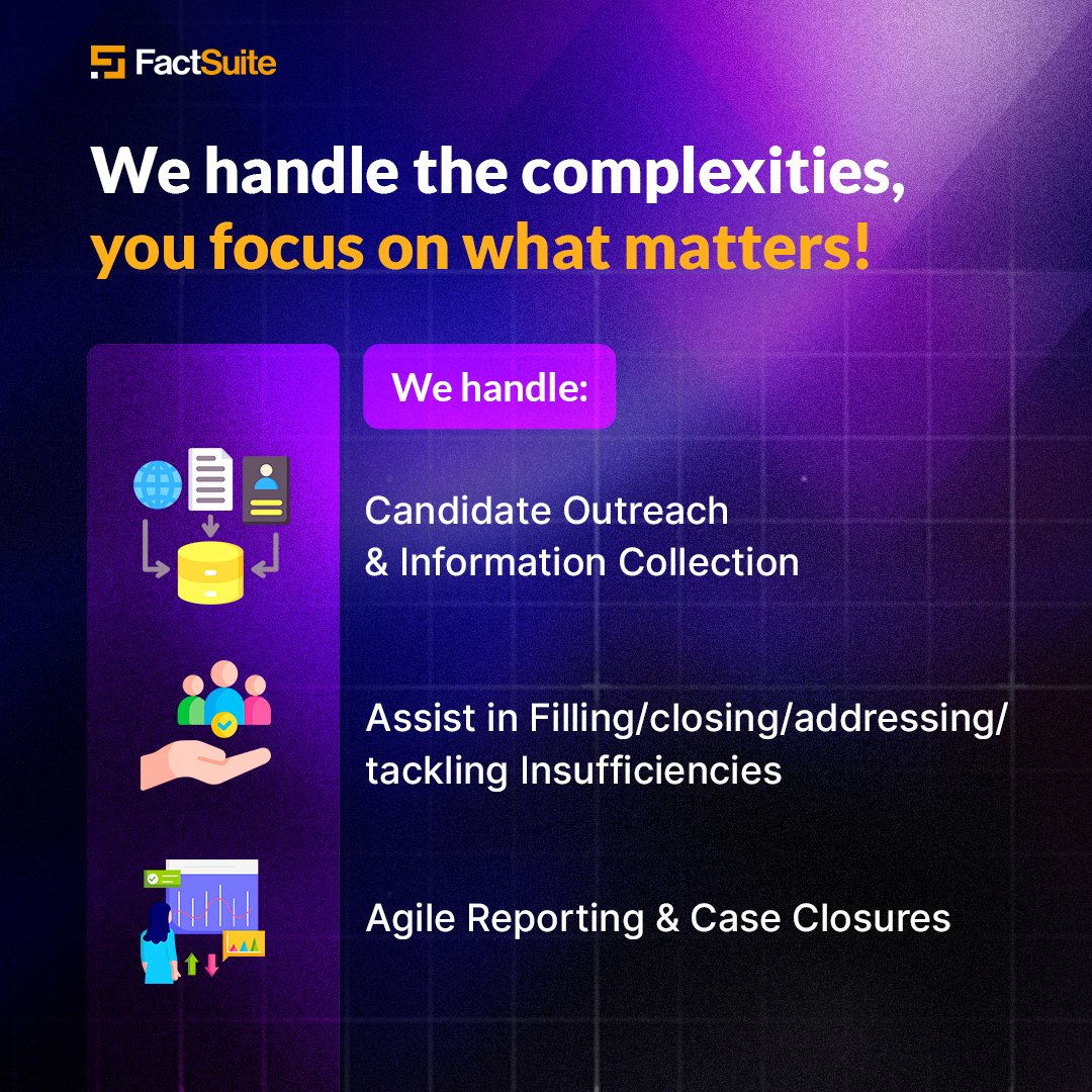 FactSuite's tweet image. Don&apos;t get bogged down in BGV burdens. FactSuite delivers peace of mind with efficient, reliable background verification.

#employeescreening #backgroundverification #factsuite #betterdecisionsmadeeasy