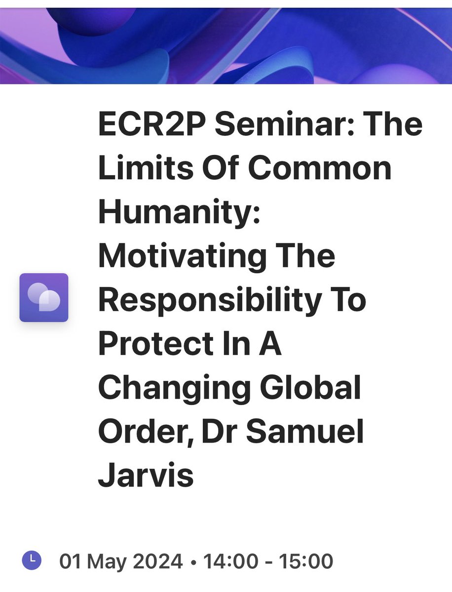 On May 1 2024 we host Dr Samuel Jarvis (@Sam_Jarvis_ )to discuss his book on the limits of humanity in motivating mass atrocity protection under the Responsibility to Protect #R2P It’s online and free to register events.teams.microsoft.com/event/a6035430…