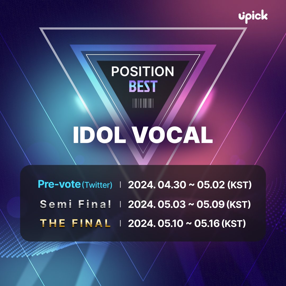 📢Vote for Best Idol #VOCAL🫶 🗳️Twitter Pre-Vote 🗓4/30 12PM ~ 5/2 5PM 🗳️App Semi-Final (Boy/Girl) 🗓️5/3 12PM ~ 5/9 3PM 🏆[CM Board] for the first place in each group 🗳️App Final 🗓️5/10 12PM ~ 5/16 10PM 🏆Lotte World Mall Media Chandelier