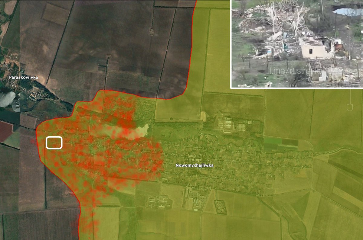 #NewsMap After months of fierce fighting and losing at least 314 mbt and ifv, the Russian invasion army captured the town of #Novomikhailivka, hoisting its their flag on the Western end of it.