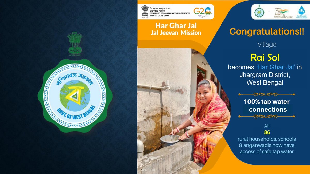 Congratulations to all people of Rai Sol Village of Jhargram District West Bengal State, for becoming #HarGharJal with safe tap water to all 86 rural households, schools & anganwadis under #JalJeevanMission
@GowbPhe