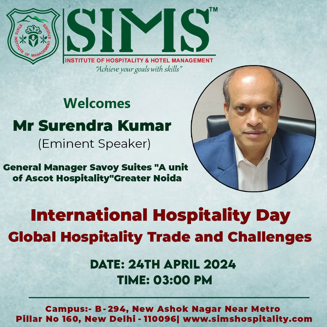 Explore the dynamic world of hospitality at our exclusive workshop on International Hospitality Day, happening on the 24th of April at SIMS Institute of Hotel Management. 🌍 ✨ Join us as we delve into the global hospitality trade and its evolving challenges. #Workshop #event