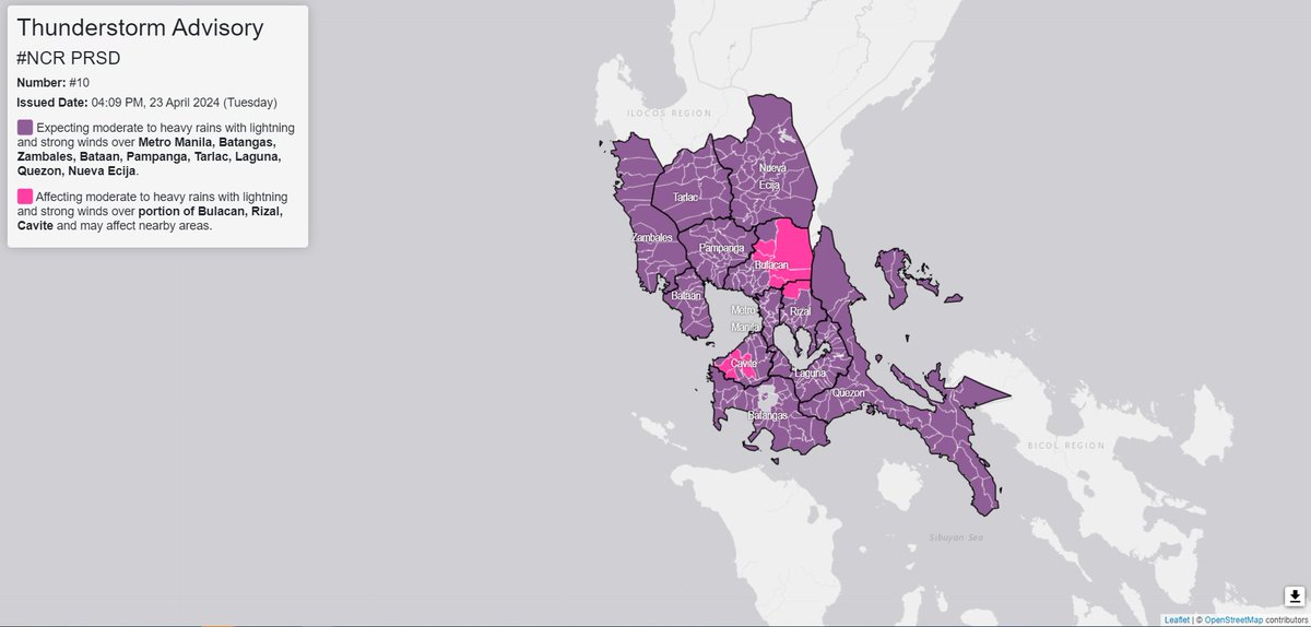 Thunderstorm Advisory No. 10 #NCR_PRSD
Issued at: 4:09 PM, 23 April 2024(Tuesday)

Moderate to Heavy rainshowers with lightning and strong winds are expected over Metro Manila, Batangas, Zambales, Bataan, Pampanga, Tarlac, Laguna, Quezon and Nueva Ecija within the next 2 hours.