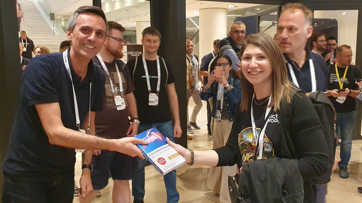 Our very first winner to receive a fully signed copy of #PlatformStrategy at #Devoxx Greece. Congratulations!