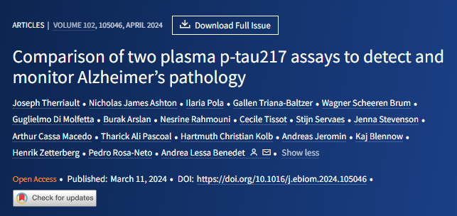 Editor pick from April issue @JosephTherr @NicholasAshton @pedrorosaneto @andrealessa & coll Compared the performance of two commercially available plasma p-tau217 assays in 294 individuals with #Alzheimer's disease. Read bit.ly/4aLAGWN