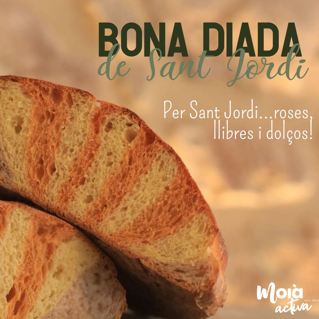 Celebra aquest Sant Jordi a Moià
1️⃣Escull el llibre que més t'agradi a @la_ploma_moia
2️⃣Degusta els dolços típics del dia d'avui a @forncalbou i <a href="/forndecabrianes/">Forn de Cabrianes</a>
3️⃣Passeja't per Moià i coneix les obres dels escriptors locals, que trobaràs davant d'alguns comerços de l'<a href="/abicmoia/">Abic Moià</a>