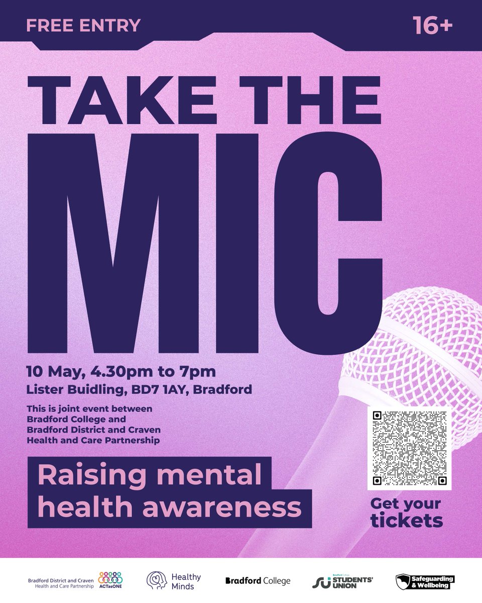 @BradfordCollege and @ActAsOneBDC are hosting 'Take the Mic' night on 10 May, 4:30 to 7:30pm. The evening looks to promote a safe space for young people (16+) to express themselves and raise mental health awareness. To book your tickets, visit ticketsource.co.uk/bradford-distr…